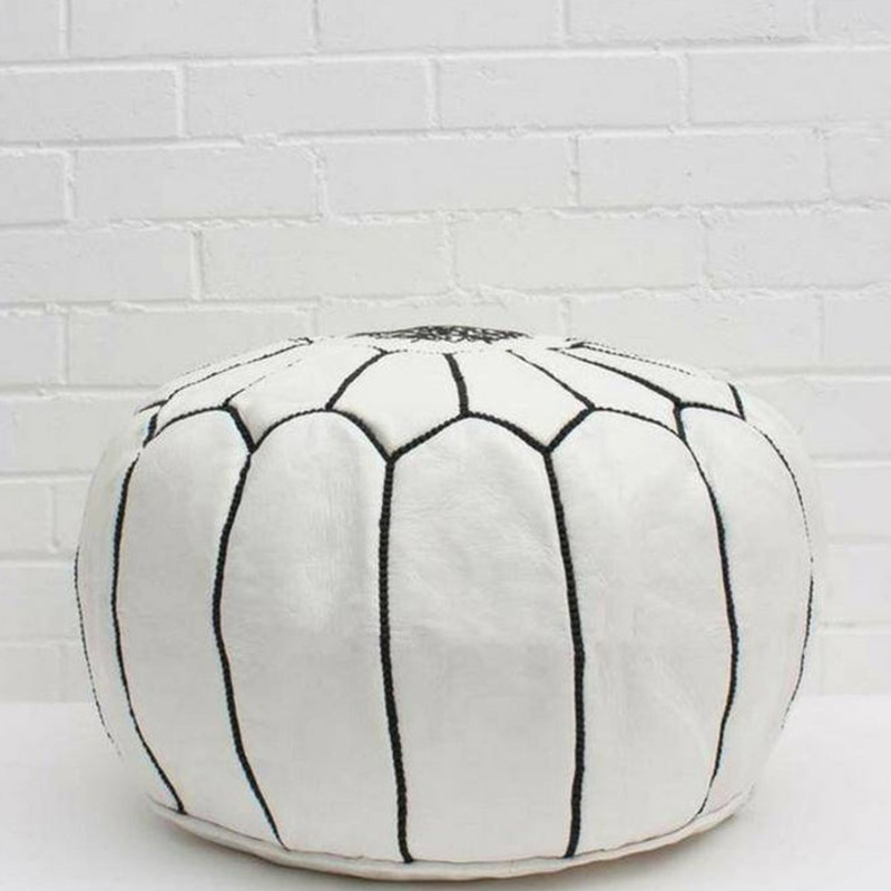 100% Leather Handcrafted Moroccan Pouffe White with Black embroidery 